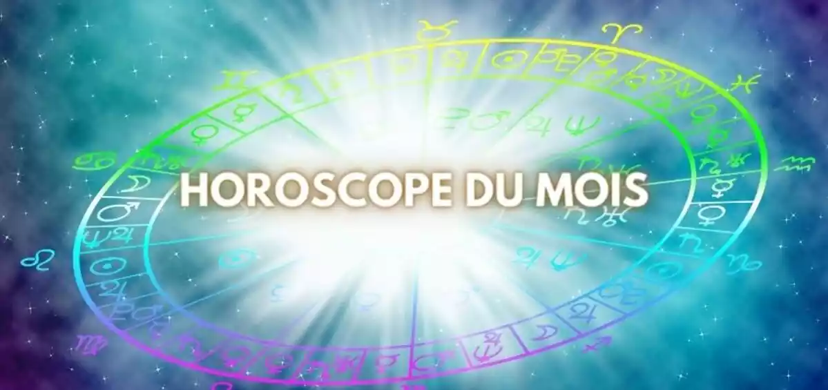 Une roue du zodiaque sur certaines étoiles et les lettres ''Horoscope du mois''